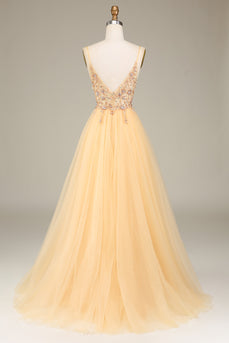 A Line Spaghetti Straps Golden Long Formal Dress with Beading