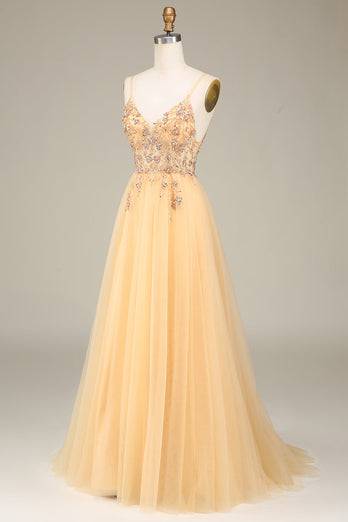 A Line Spaghetti Straps Golden Long Formal Dress with Beading