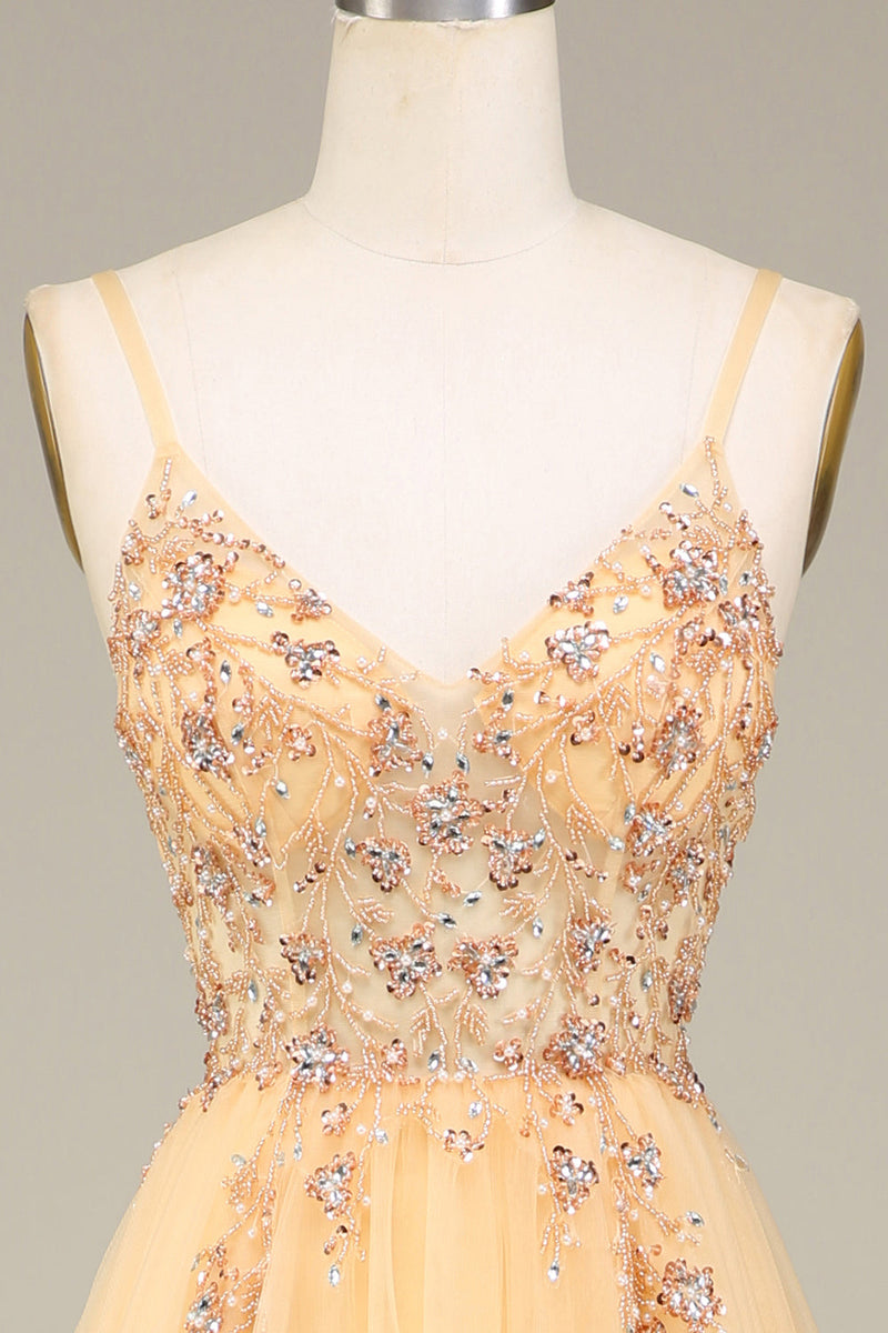 Load image into Gallery viewer, A Line Spaghetti Straps Golden Long Formal Dress with Beading