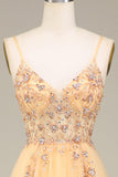 A Line Spaghetti Straps Golden Long Formal Dress with Beading