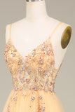 A Line Spaghetti Straps Golden Long Formal Dress with Beading