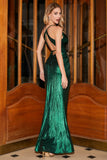 Dark Green Mermaid Spaghetti Straps Long Formal Dress with Open Back