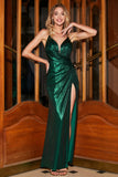 Dark Green Mermaid Spaghetti Straps Long Formal Dress with Open Back