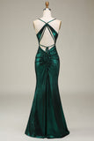 Hot Mermaid Spaghetti Straps Dark Green Long Formal Dress with Open Back