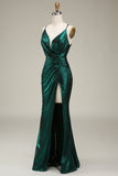 Hot Mermaid Spaghetti Straps Dark Green Long Formal Dress with Open Back