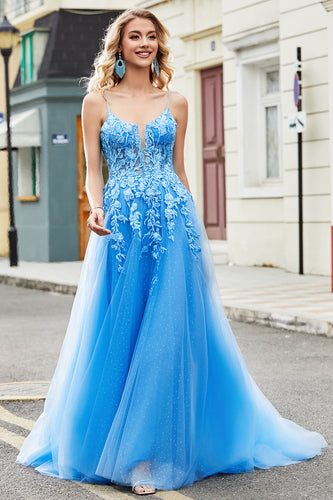 Gorgeous A Line Spaghetti Straps Blue Long Formal Dress with Appliques