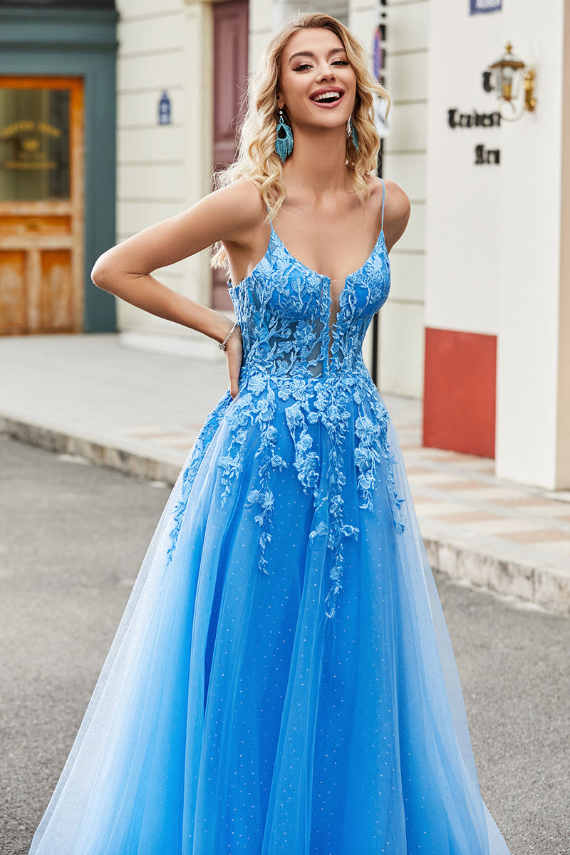 Load image into Gallery viewer, Gorgeous A Line Spaghetti Straps Blue Long Formal Dress with Appliques
