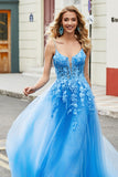 Gorgeous A Line Spaghetti Straps Blue Long Formal Dress with Appliques