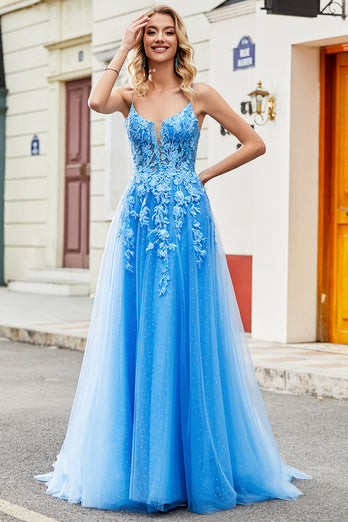 Gorgeous A Line Spaghetti Straps Blue Long Formal Dress with Appliques