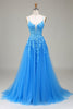 Load image into Gallery viewer, A-Line Spaghetti Straps Blue Tulle Formal Dress With Appliques