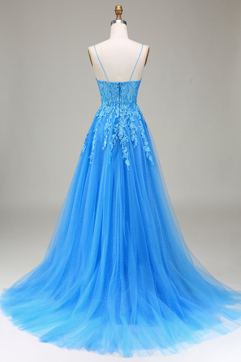 Load image into Gallery viewer, A-Line Spaghetti Straps Blue Tulle Formal Dress With Appliques