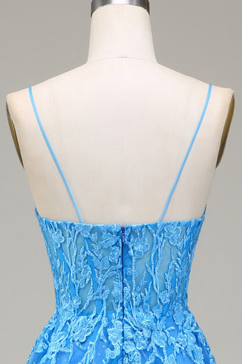 A-Line Spaghetti Straps Blue Tulle Formal Dress With Appliques