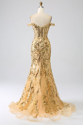 Sparkly Mermaid Off The Shoulder Golden Corset Formal Dress with Slit
