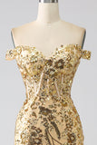 Sparkly Mermaid Off The Shoulder Champagne Corset Formal Dress with Slit