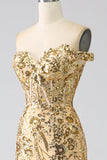 Sparkly Mermaid Off The Shoulder Champagne Corset Formal Dress with Slit