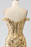 Sparkly Mermaid Off The Shoulder Champagne Corset Formal Dress with Slit