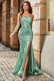 Trendy Mermaid Spaghetti Straps Green Long Formal Dress with Criss Cross Back