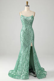 Sparkly Green Sequins Lace-Up Back Long Mermaid Formal Dress with Slit