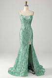 Sparkly Green Sequins Lace-Up Back Long Mermaid Formal Dress with Slit