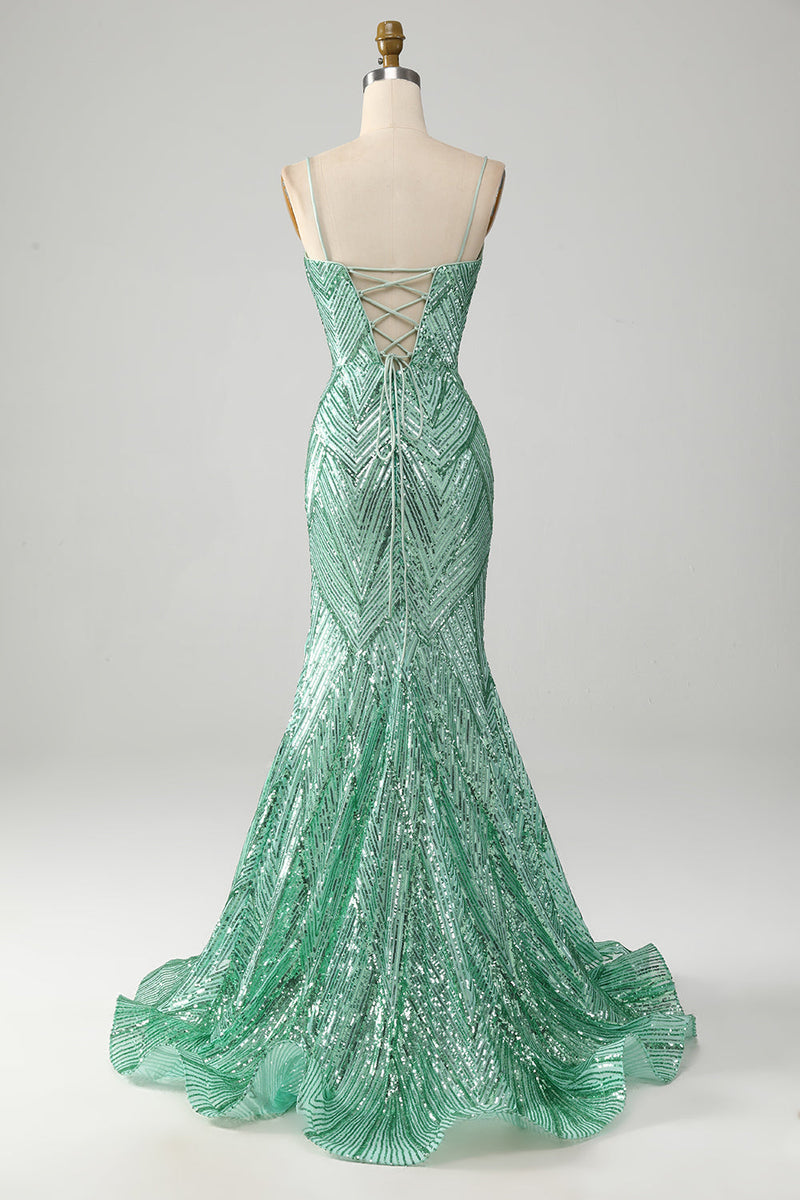 Load image into Gallery viewer, Sparkly Green Sequins Lace-Up Back Long Mermaid Formal Dress with Slit