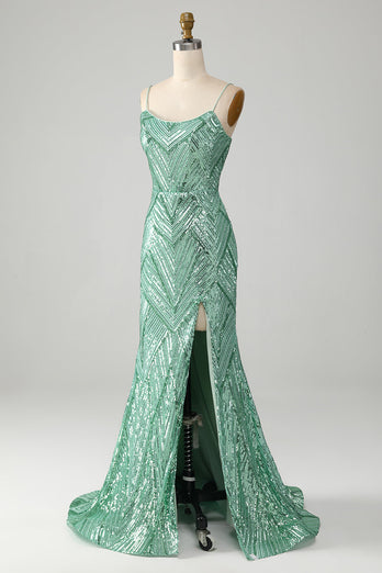 Sparkly Green Sequins Lace-Up Back Long Mermaid Formal Dress with Slit