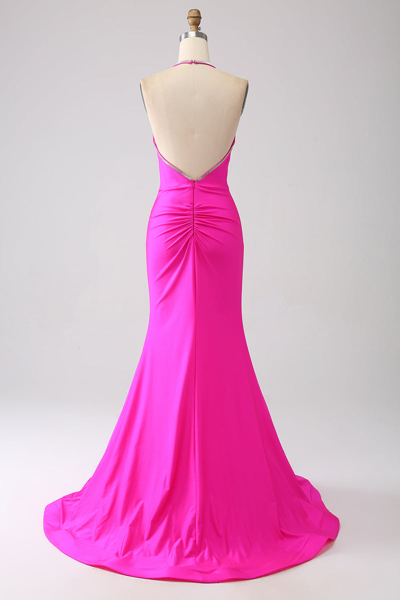 Load image into Gallery viewer, Fuchsia Mermaid Halter Neck Backless Long Formal Dress