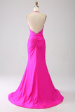 Fuchsia Mermaid Halter Neck Backless Long Formal Dress