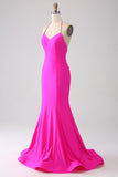 Fuchsia Mermaid Halter Neck Backless Long Formal Dress