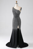 Sparkly Black Mermaid One Shoulder Corset Formal Dress