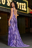 Sparkly Mermaid V Neck Dark Purple Sequins Long Formal Dress with Open Back