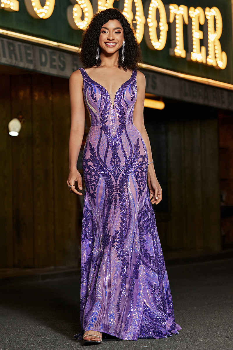 Load image into Gallery viewer, Sparkly Mermaid V Neck Dark Purple Sequins Long Formal Dress with Open Back
