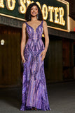 Sparkly Mermaid V Neck Dark Purple Sequins Long Formal Dress with Open Back