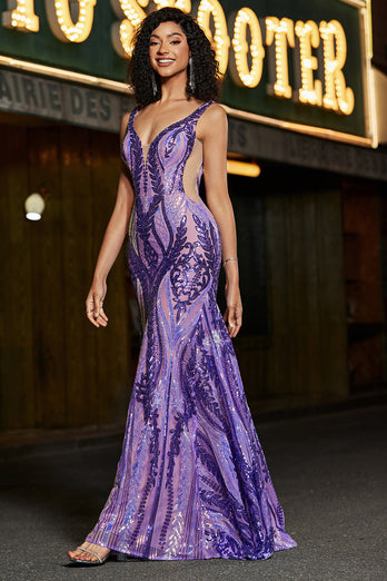 Sparkly Mermaid V Neck Dark Purple Sequins Long Formal Dress with Open Back