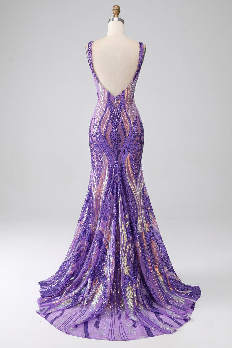 Load image into Gallery viewer, Dark Purple Mermaid V Neck Sequins Long Formal Dress
