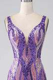 Dark Purple Mermaid V Neck Sequins Long Formal Dress