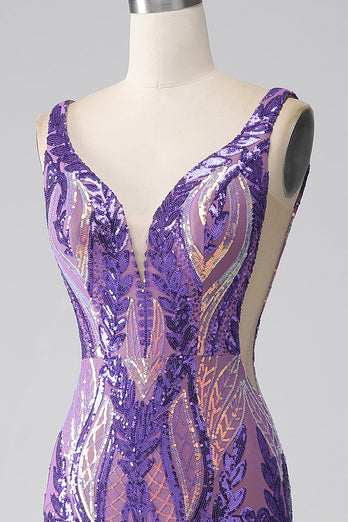 Dark Purple Mermaid V Neck Sequins Long Formal Dress