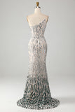 Sparkly Mermaid One Shoulder Dark Green Sequins Long Formal Dress