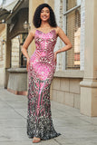 Stunning Mermaid Spaghetti Straps Fuchsia Sequins Long Formal Dress with Backless