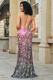 Stunning Mermaid Spaghetti Straps Fuchsia Sequins Long Formal Dress with Backless