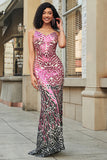 Stunning Mermaid Spaghetti Straps Fuchsia Sequins Long Formal Dress with Backless