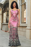 Stunning Mermaid Spaghetti Straps Fuchsia Sequins Long Formal Dress with Backless