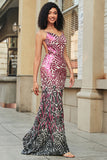 Stunning Mermaid Spaghetti Straps Fuchsia Sequins Long Formal Dress with Backless