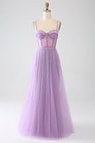 A-Line Lilac Spaghetti Straps Long Corset Formal Dress