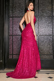 Hot Pink Mermaid Halter Sequin Formal Dress With Slit