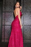 Hot Pink Mermaid Halter Sequin Formal Dress With Slit