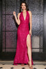 Load image into Gallery viewer, Hot Pink Mermaid Halter Sequin Formal Dress With Slit