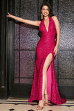 Hot Pink Mermaid Halter Sequin Formal Dress With Slit