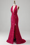 Fuchsia Mermaid Halter Sequin Formal Dress With Slit