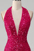 Load image into Gallery viewer, Fuchsia Mermaid Halter Sequin Formal Dress With Slit