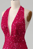 Fuchsia Mermaid Halter Sequin Formal Dress With Slit